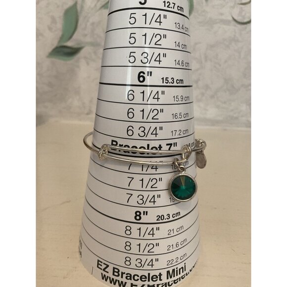 Alex And Ani Silver Tone Adjustable Bangle Bracelet With Green Crystal Charm - Picture 2 of 5